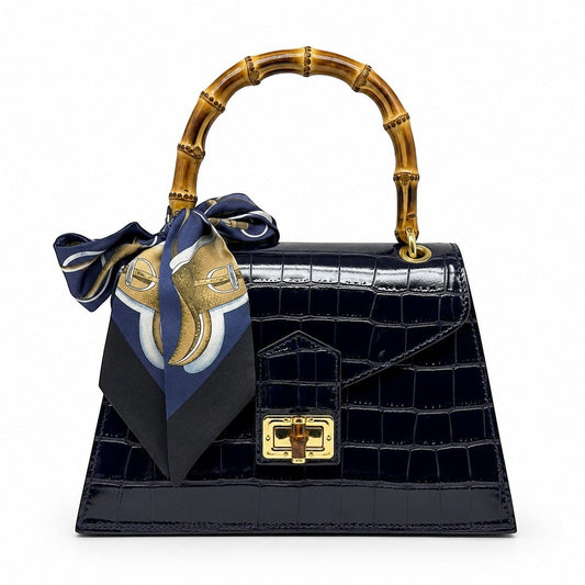 Luxury Italian Crocco Leather Bamboo Handle Bag in Black
