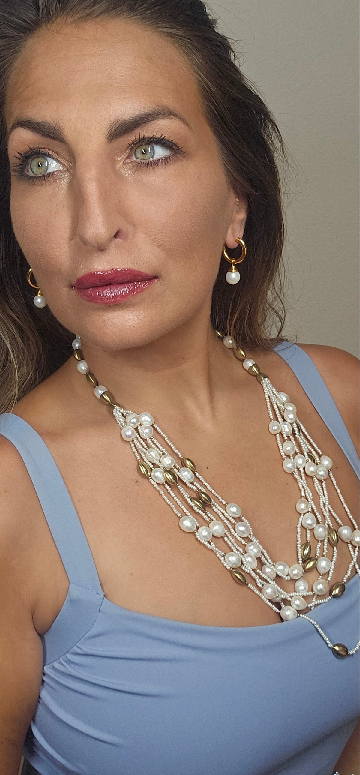 Long Multi-strand Pearl & Gold Bead Necklace