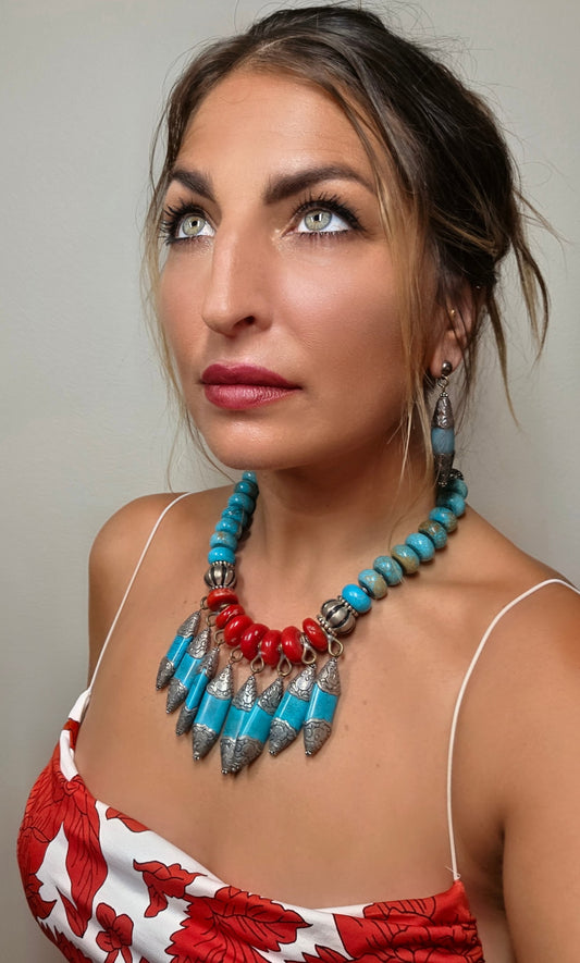 Red Coral & Turquoise Ziggurat Necklace by Masha Archer