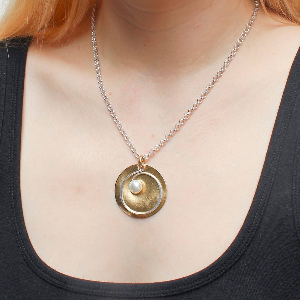 Hammered Disc Spiral Necklace with White Pearl