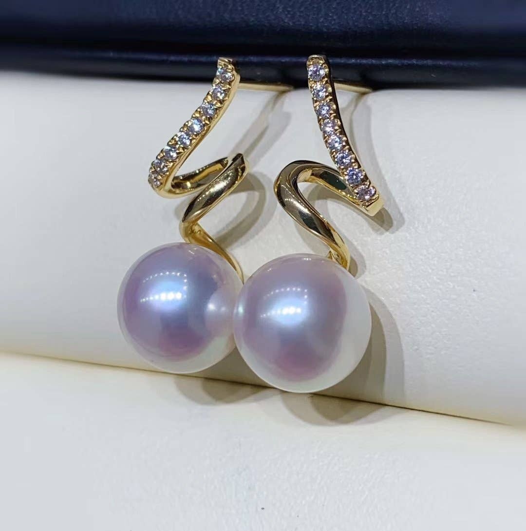 Spiral Edison Pearl Earrings with Zircon, 14k Gold