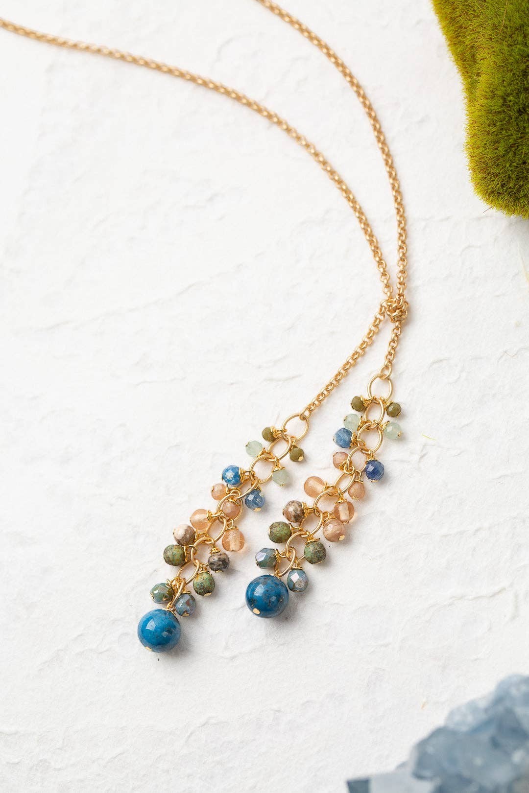 Waterfall Lariat Necklace with Czech Glass, Crystal & Kyanite Cluster, 31.5"