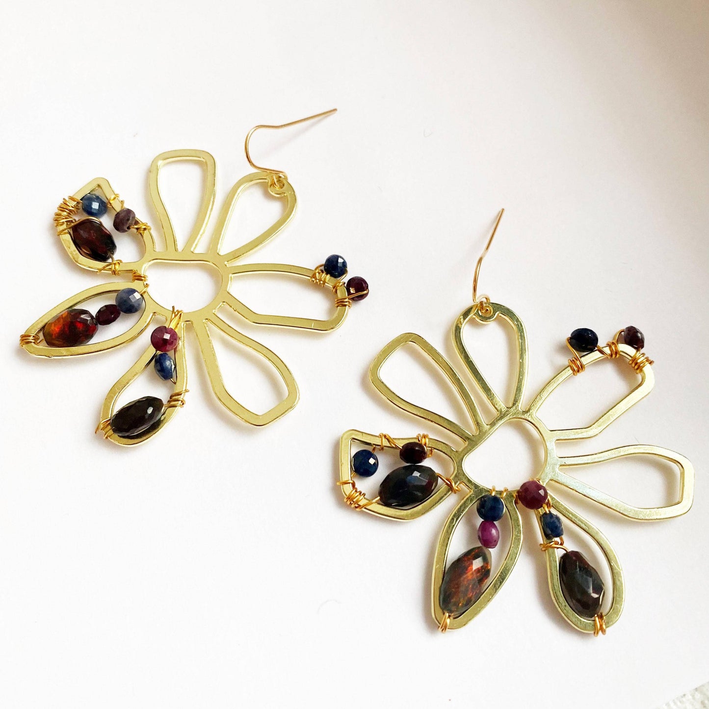 Boho Flower Earrings with Black Opals, Rubies and Sapphires