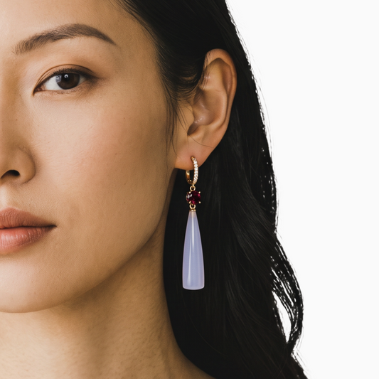 Trebor Style chalcedony spike drop earrings with rubelite and diamond accents worn by a model.