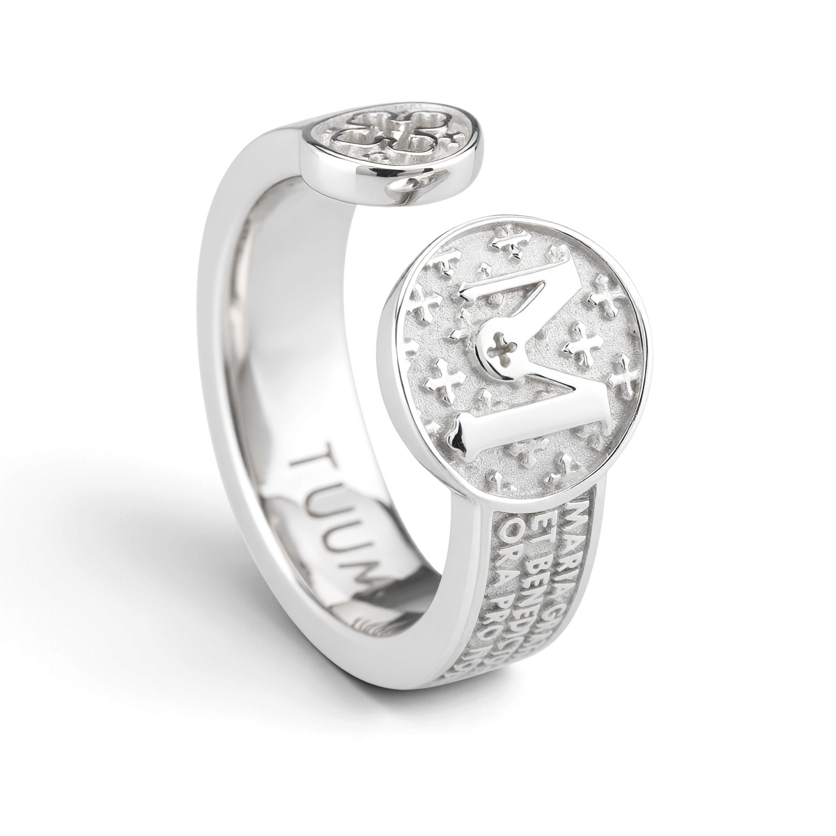 Trebor Style TUUM Infinituum Mater ring in white rhodium plated sterling silver with Latin Ave Maria relief engraving.