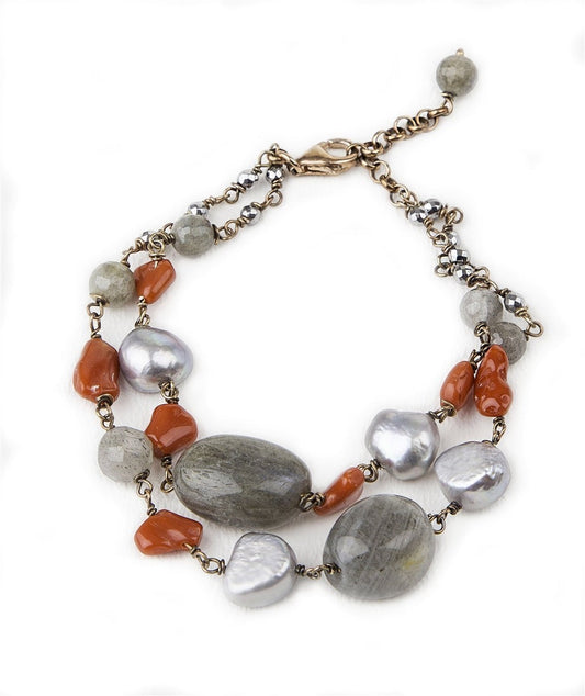 Labradorite, Coral & Grey Pearl Bracelet, Sterling