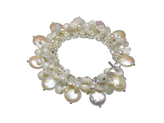 White Sapphire & Coin Pearl Charm Bracelet in Sterling Silver