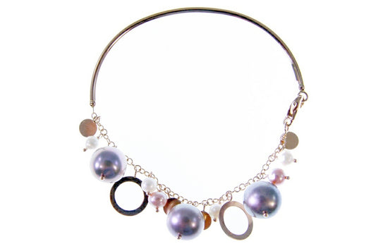 Grey, Pink & White Pearl Charm Bangle Bracelet, 18k Gold view 2