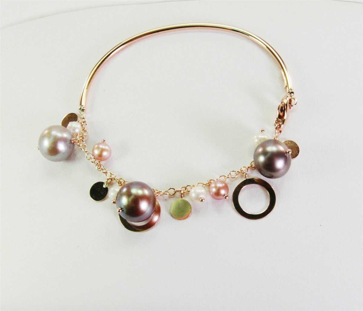Grey, Pink & White Pearl Charm Bangle Bracelet, 18k Gold view 4