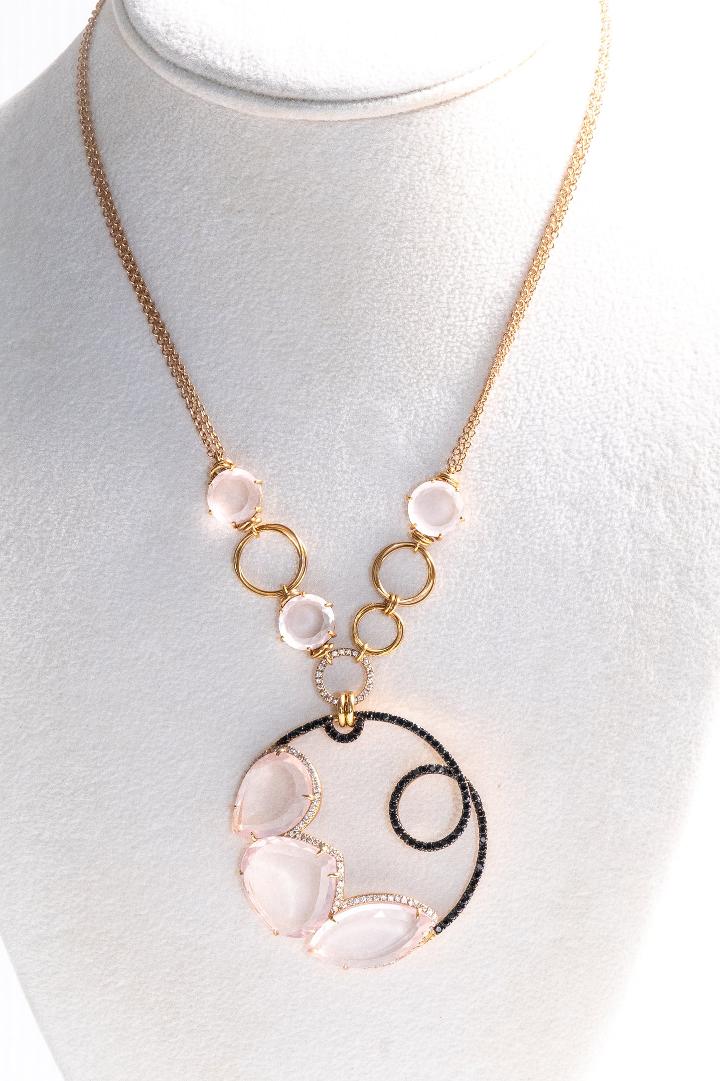 Designer Pink Quartz & Diamond Pendant Necklace in 18K Gold