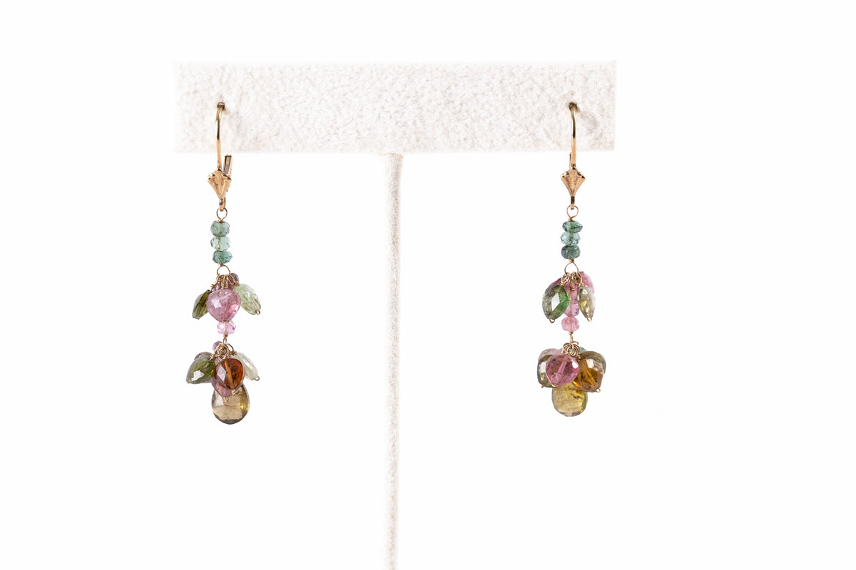 Multi-color Tourmaline Gemstone Dangle Earrings, 14k