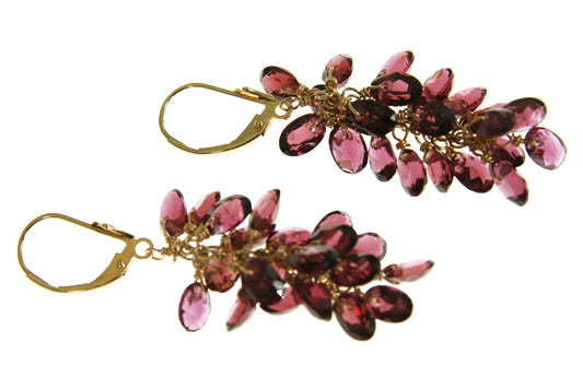 Red Garnet Gemstone Cluster Drop Earrings, 14k view 2