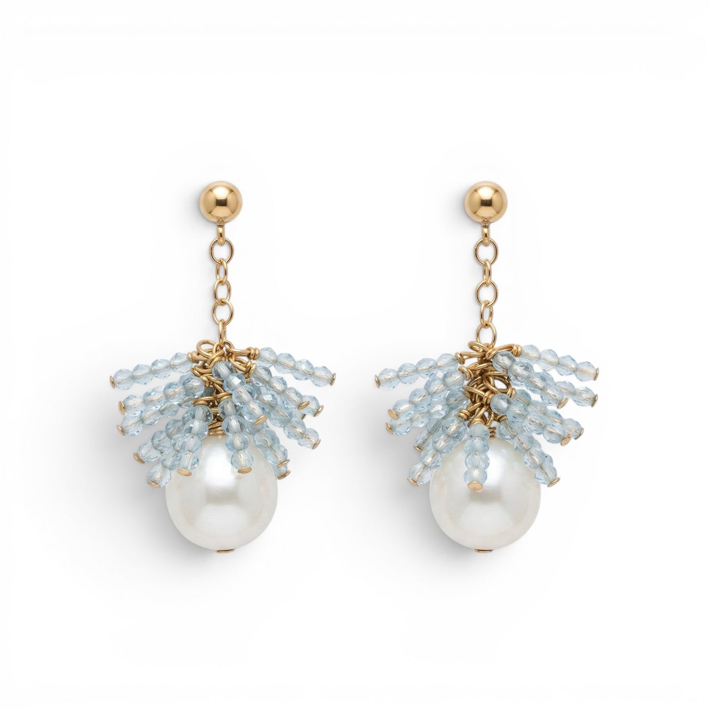White Pearl & Aquamarine Gemstone Drop Earring