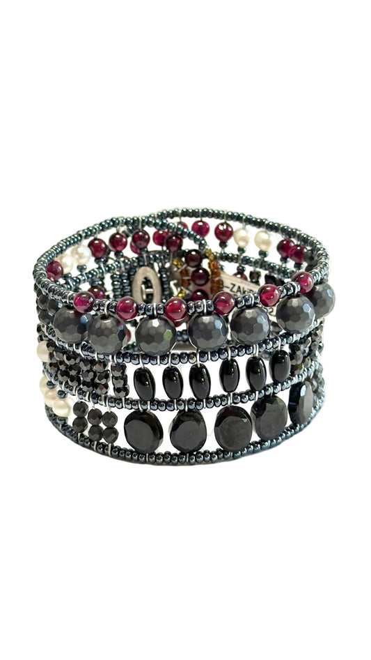 Ziio's Aki Cuff Bracelet in Black Onyx, Garnet & Pearl