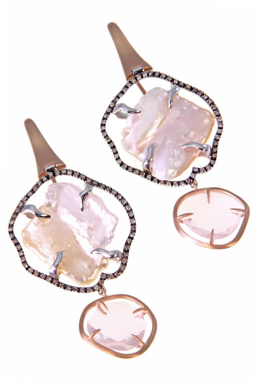 Baroque Pearl and Diamond Halo Drop Earrings with Pink Quartz