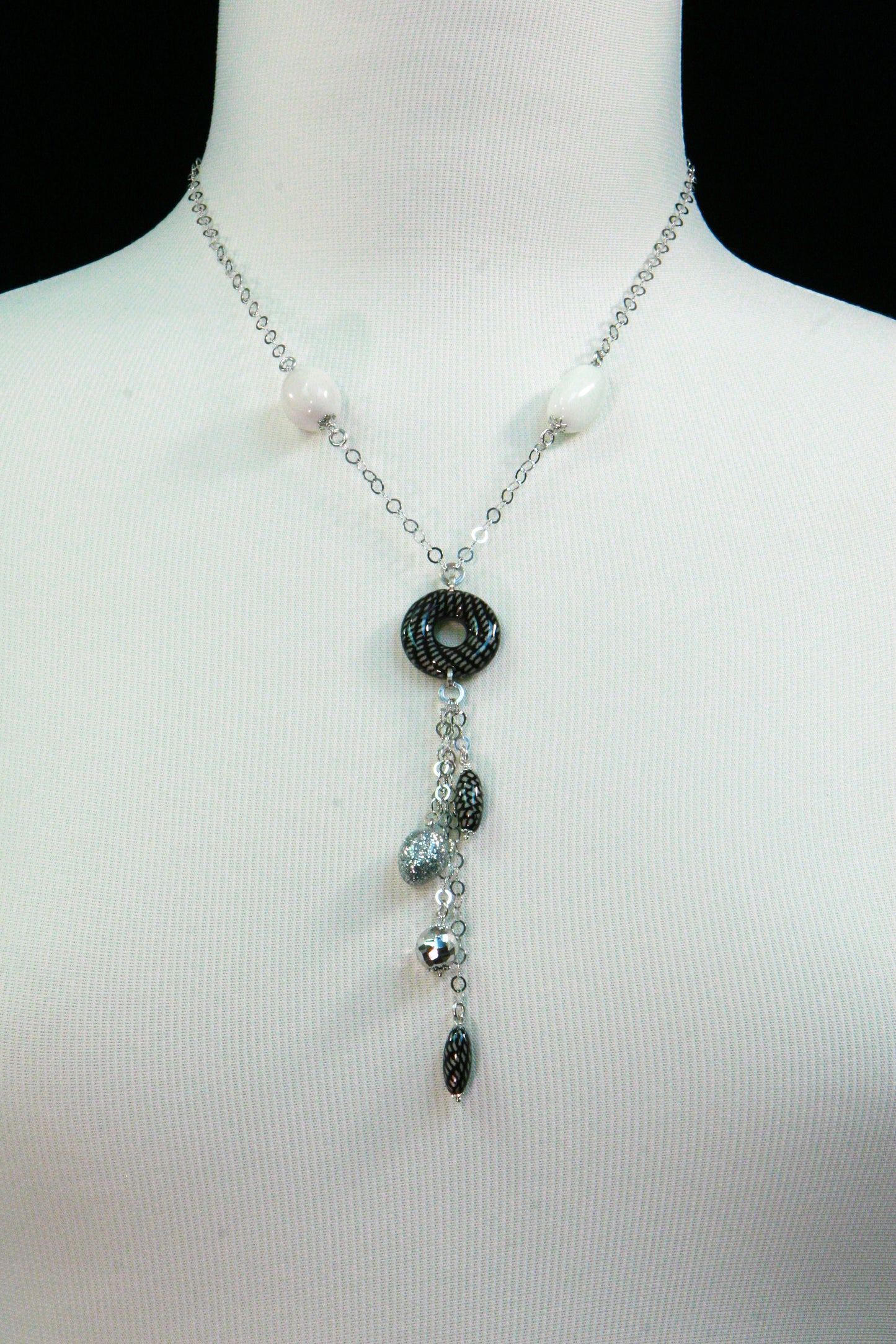 White Onyx & Enameled Sterling Pendant Necklace