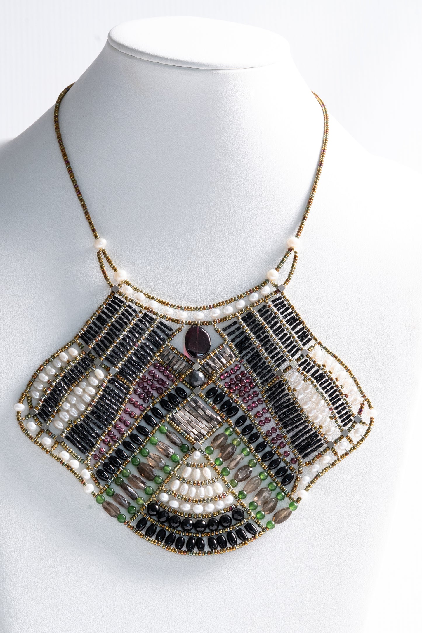 Falena Statement Bib Necklace in Onyx, Garnet with Pearls