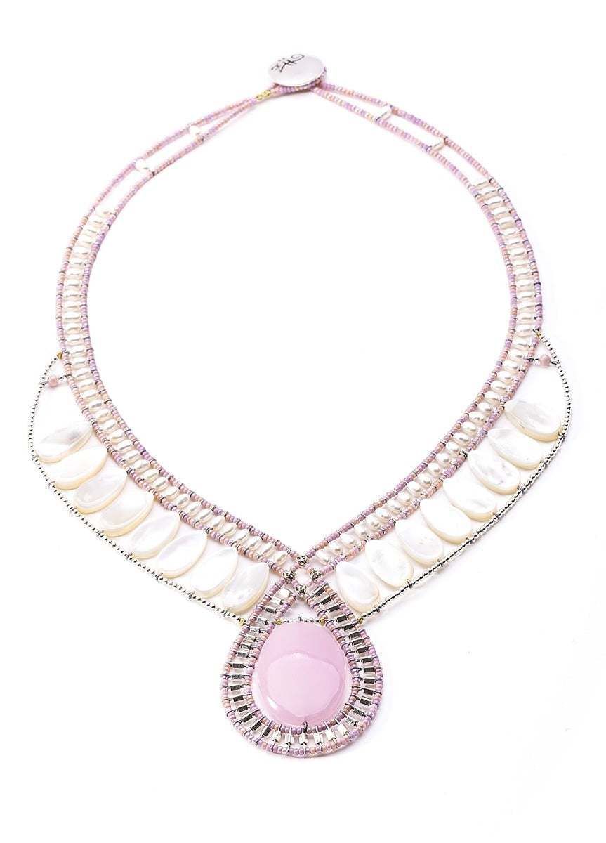 Pink Cabochon & White Mother of Pearl Necklace by Ziio view 2