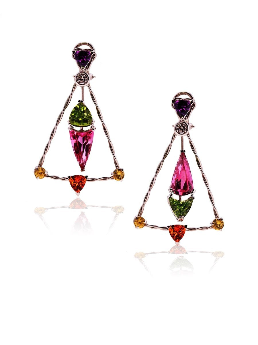Rubellite & Peridot Trapeze Earrings, Platinum