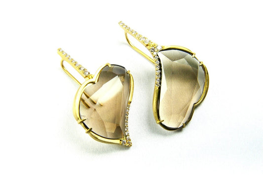 Funny Heart Earrings in Smokey Quartz & Diamond, 18k Gold