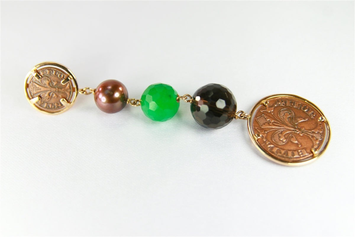 Smokey Quartz, Jade & Pearl Coin Chandelier Earrings, 18k Gold view 2