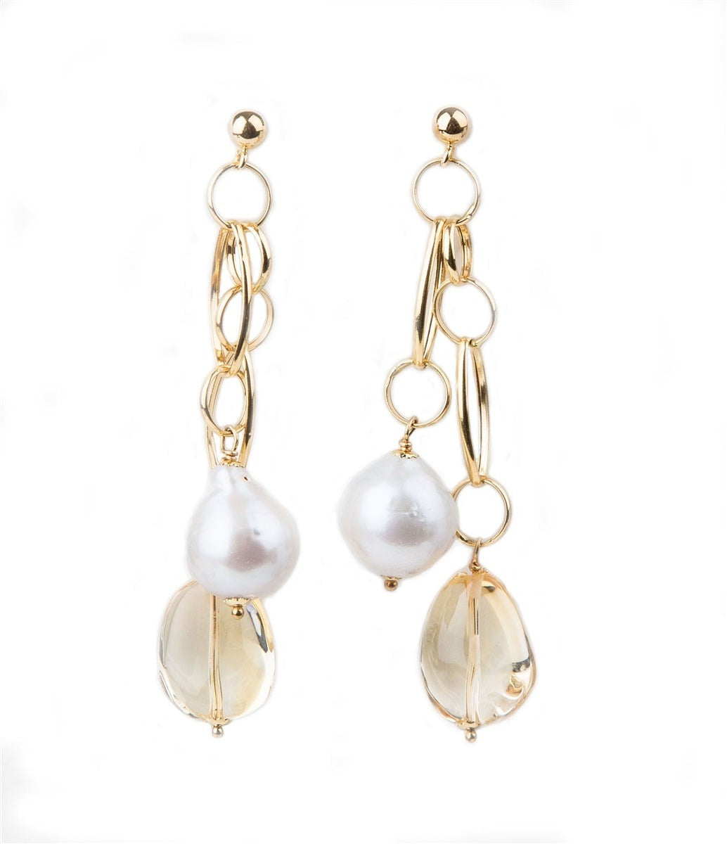 Citrine & Pearl Chandelier Earrings, 18k Gold