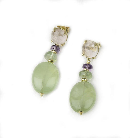 Green Fluorite & Pink Quartz Gemstone Drop Earrings, 18k Yellow Gold