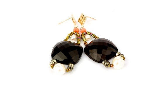Black Onyx Facet Cut Drop Earrings with White Pearls by Ziio