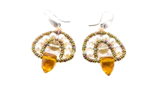 Citrine Gemstone & Pearl Cupola Earring By Ziio