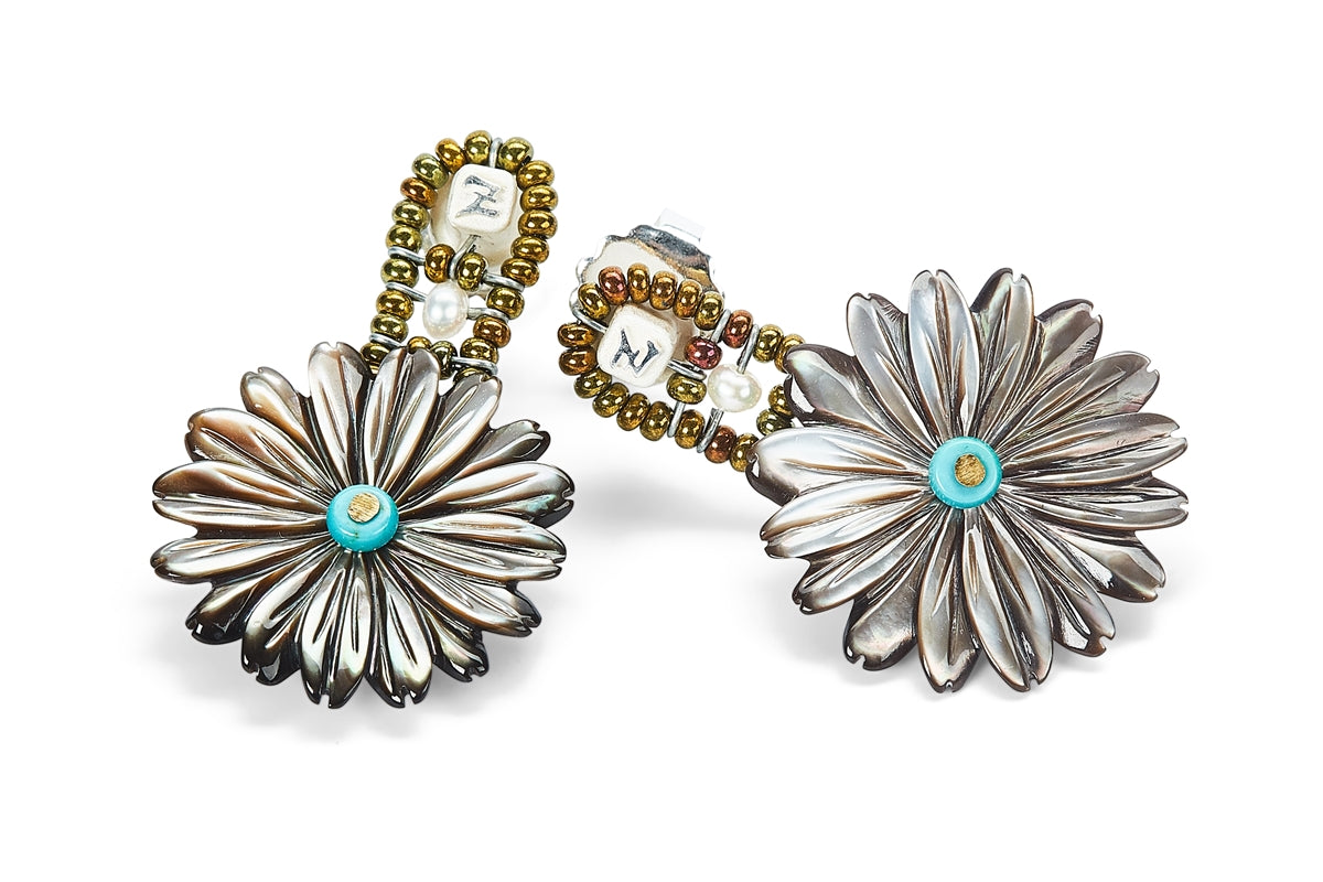 Mother of Pearl & Turquoise Flower Drop Earring view 2