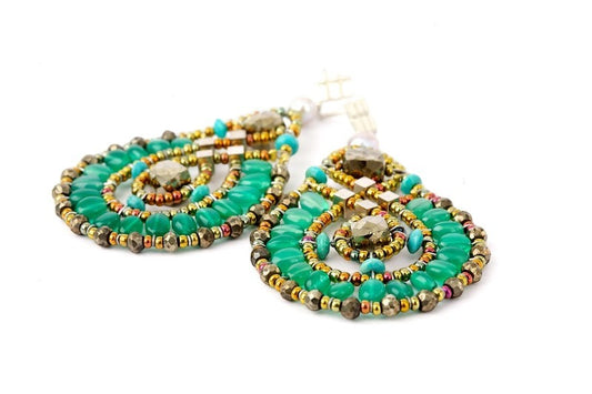 Ziio's Oval Tear Drop Earring in Green Onyx with Turquoise & Pyrite