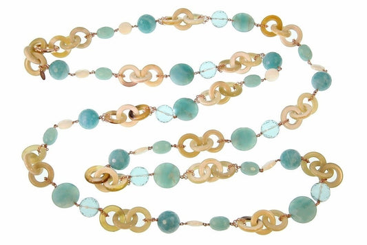 Long Horn, Turquoise Chalcedony, Crystal & Pearl Necklace