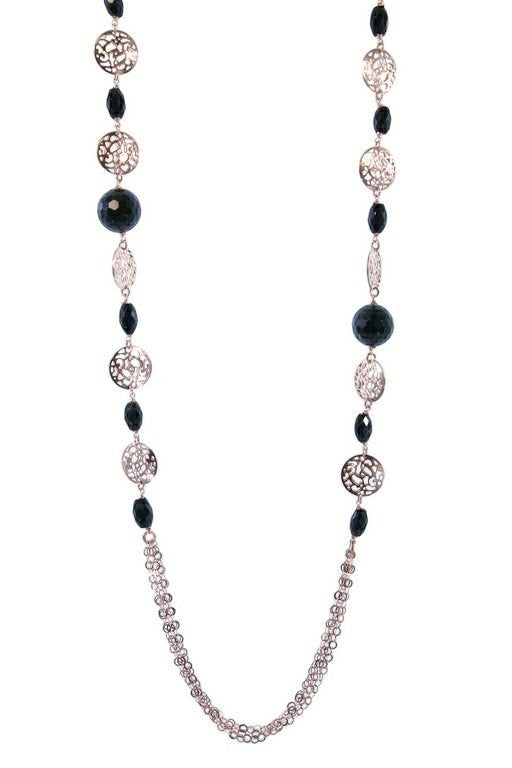 Long Rose Gold Filigree & Onyx Gemstone Necklace