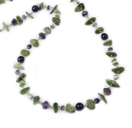 Green Serpentine & Amethyst Necklace, Sterling Silver