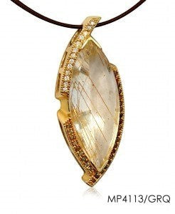 Gold Rutilated Quartz, Garnet & Diamond Pendant