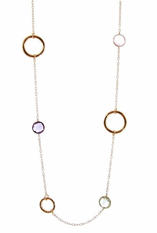 Long 18k Gold Necklace with Amethyst & Quartz