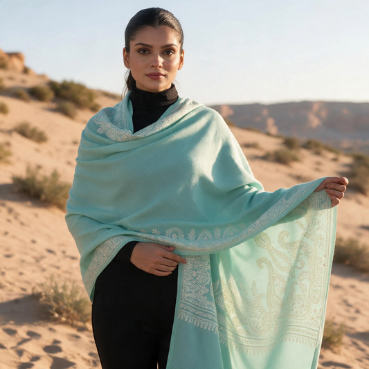 Trebor Style aqua merino wool shawl with intricate ivory embroidery worn by a model in a desert landscape