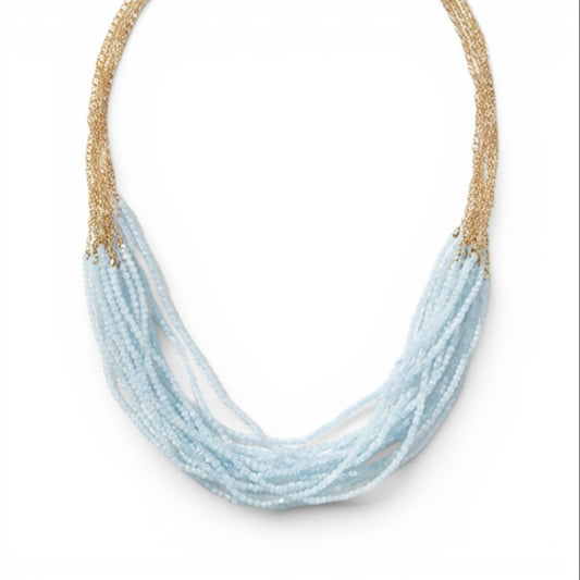 Trebor Style Dolores necklace featuring 18 strands of light blue aquamarine stones and a 14k gold-filled cable chain.