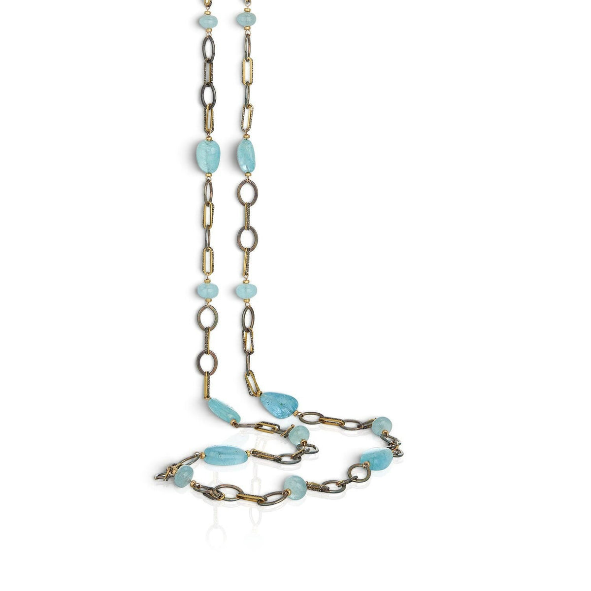 Trebor Style mixed metal necklace featuring sky blue aquamarine gemstones with oxidized silver and 14k gold-filled links