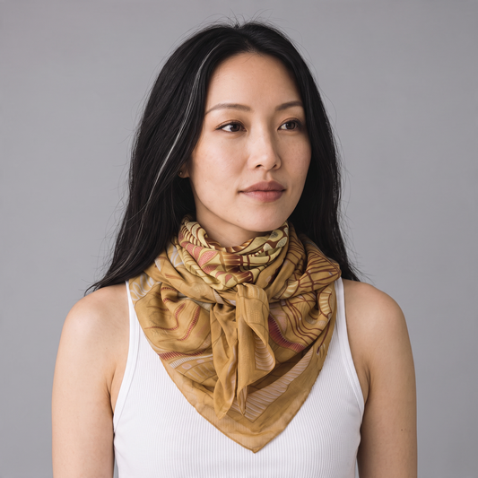 Trebor Style beige jungle print modal and cashmere square scarf worn by a woman against a grey background