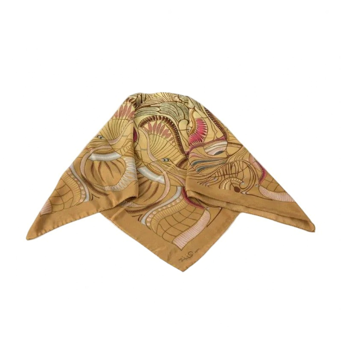 Trebor Style beige silk crepe square scarf featuring a jungle print in gold, tan, pink, and blue with hand-rolled edges