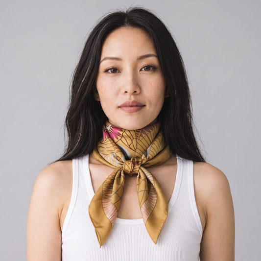 Trebor Style beige silk crepe square scarf with jungle print in gold, pink, and blue worn by a woman.