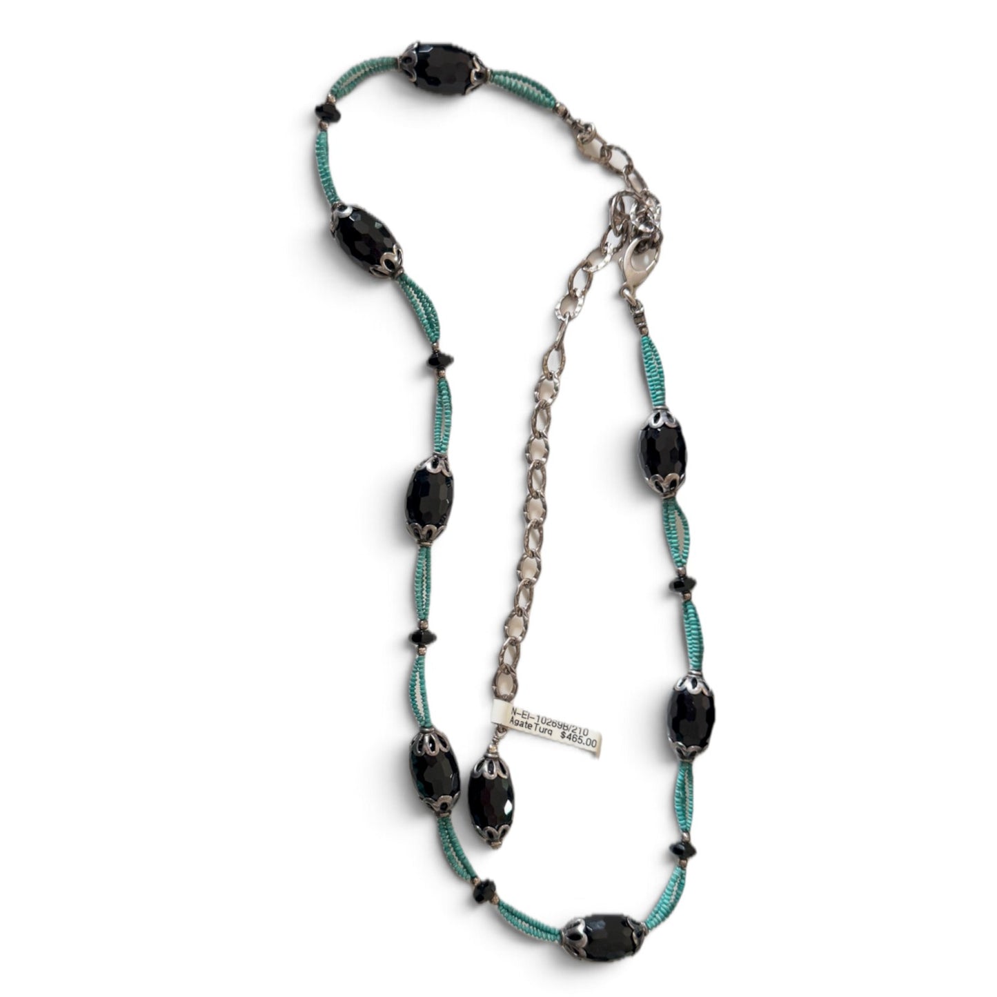 Trebor Style black agate and turquoise thread necklace with silver-tone filigree caps and adjustable curb-link chain.