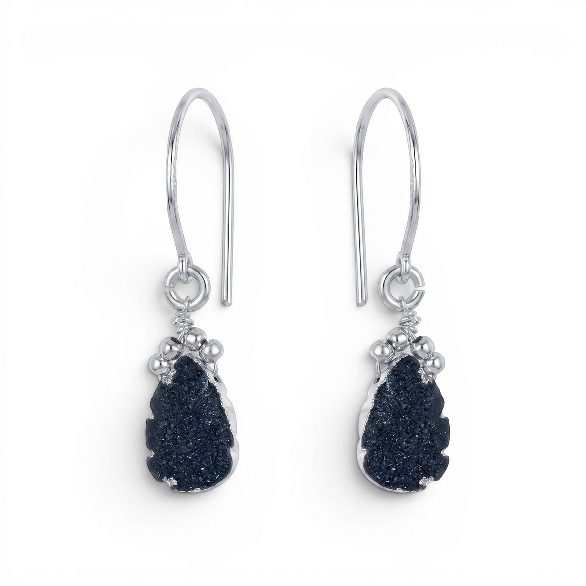 Trebor Style black druzy teardrop earrings with sterling silver settings and hook wires.