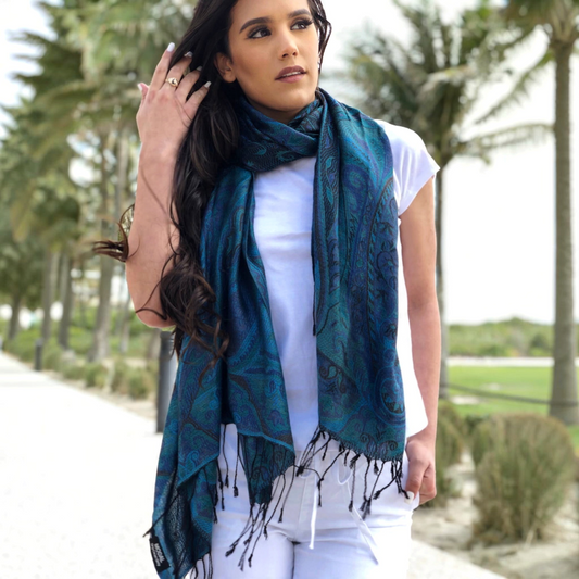 Trebor Style blue and teal modal silk Jamawar pashmina scarf with intricate paisley patterns worn by a woman