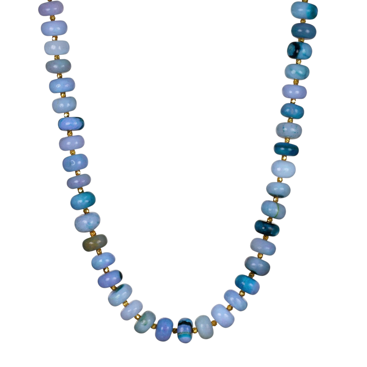 Trebor Style Spring Blues opal beaded necklace with 14k gold-dipped sterling silver faceted accent beads.
