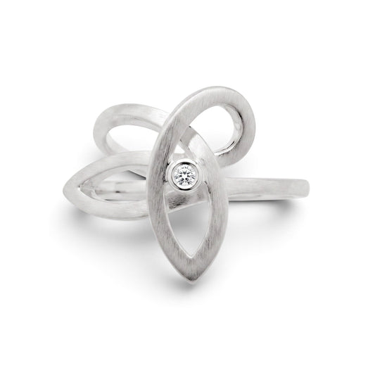 Trebor Style brushed sterling silver ring featuring a fluid weave design and a single centered diamond accent.