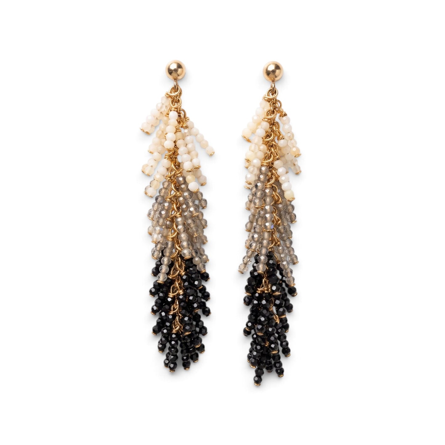 Trebor Style Firecracker chandelier earrings featuring white opal, labradorite, and black spinel beads on 14k gold fill.