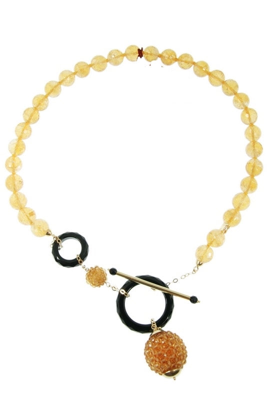 Trebor Style Rajola citrine bead necklace with black onyx rings and 18k yellow gold toggle clasp