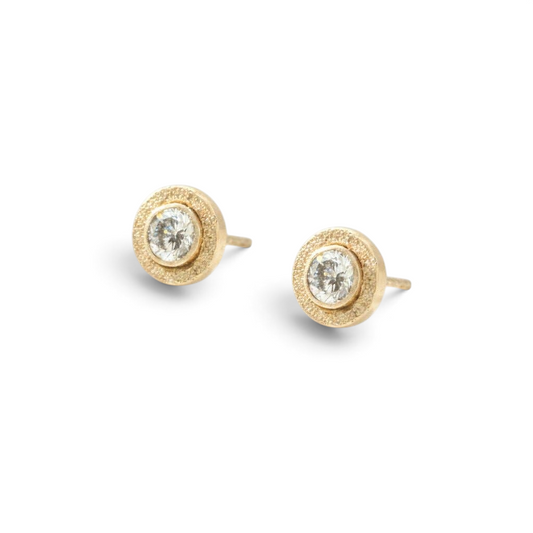 Trebor Style diamond stud earrings featuring 4mm lab-grown diamonds in 14kt gold-filled bezel settings.